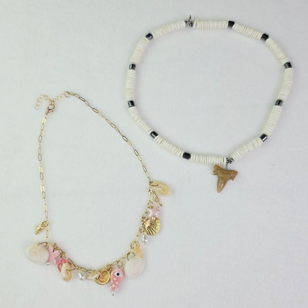 Beach Vacation Necklace Set White Shell Shark Tooth Coastal Boho Mermaid Pearl